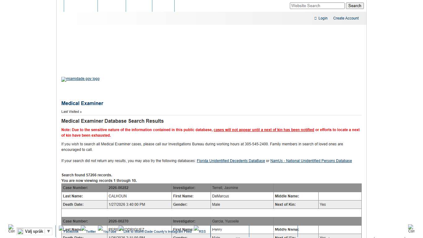 Miami-Dade County - Medical Examiner - Medical Examiner Database Search Results